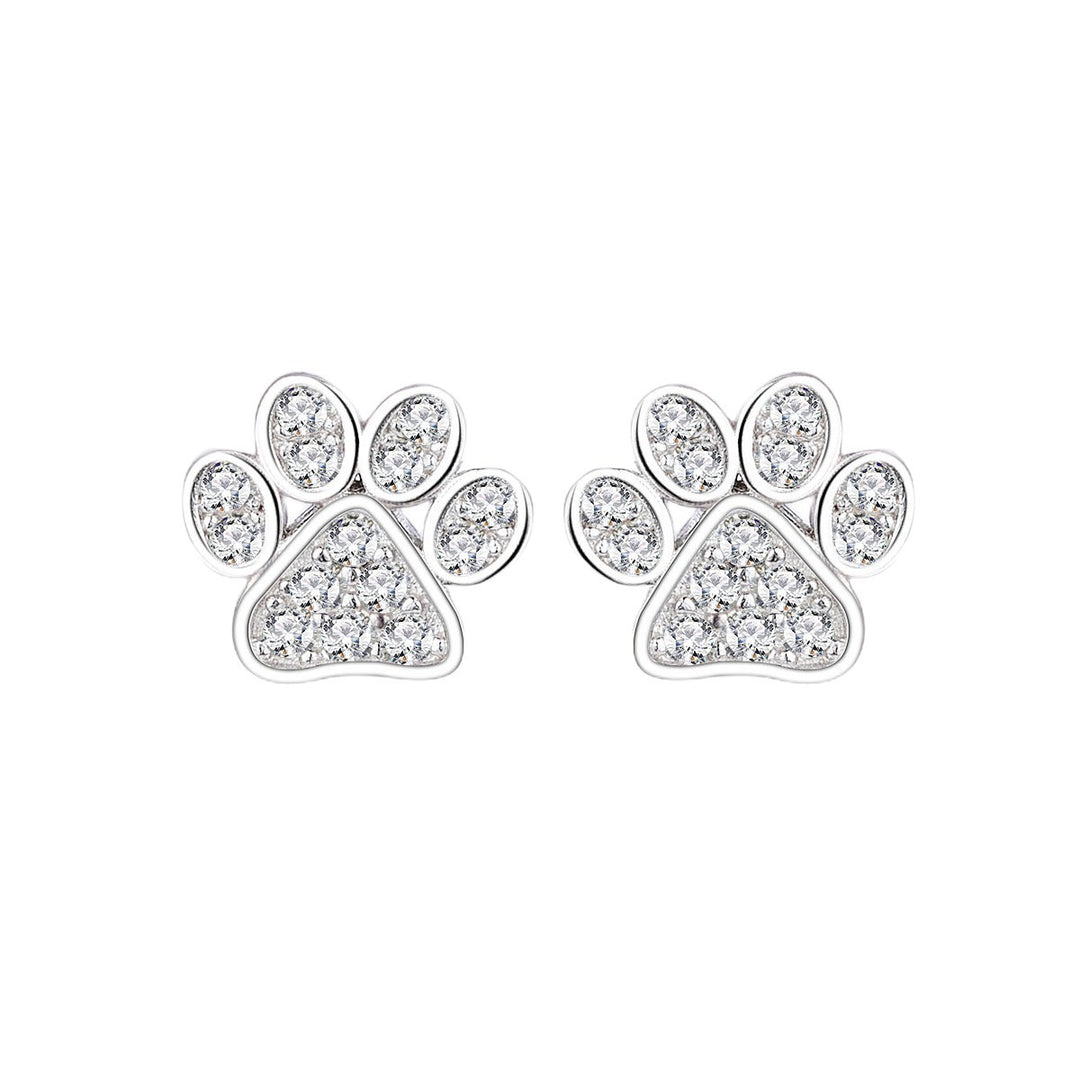 Heart-Shaped Cat Paw Stud Earrings with White Zircon
