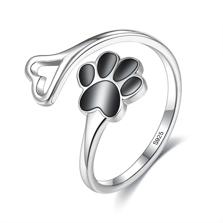 Handcrafted Paw Print Heart 925 Sterling Silver Adjustable Ring